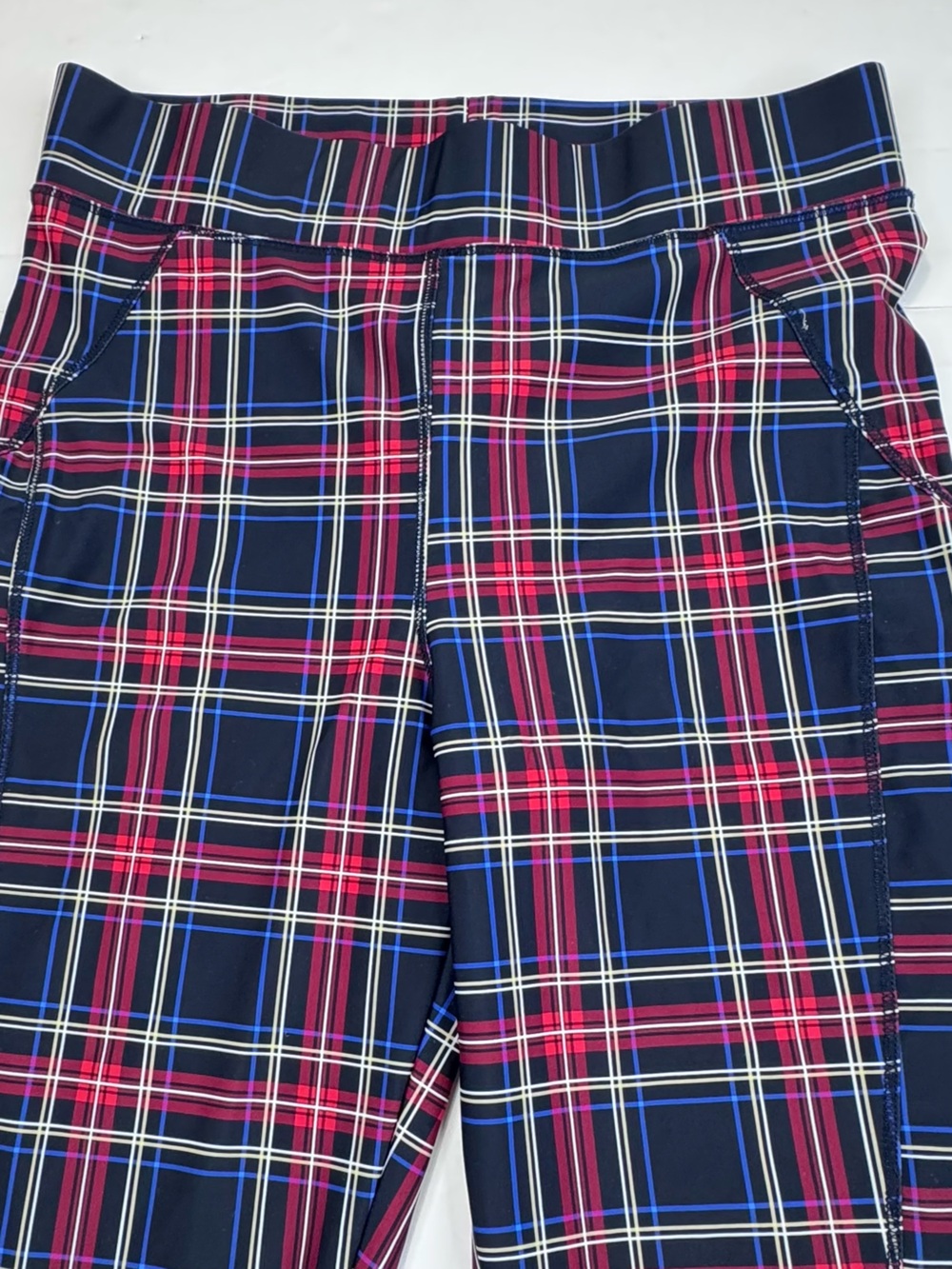 GANNI Plaid Leggings Women's Size 34 US 4 Navy Blue Red White Stretch Skinny - Picture 6 of 13